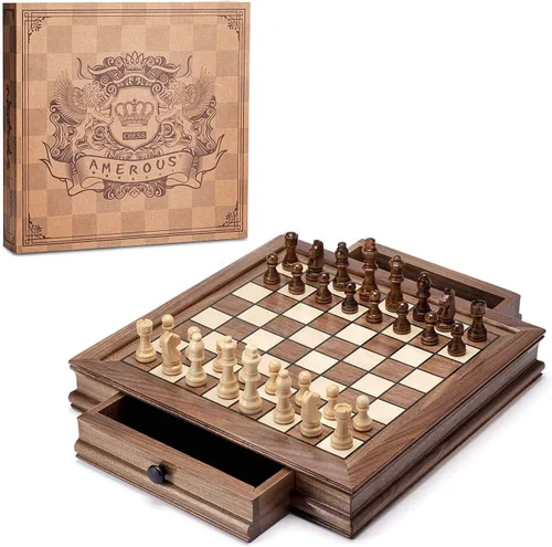 AMEROUS Juego de ajedrez magnético de madera, tablero de ajedrez de nogal de 12.8" x 12.8" con 2 cajones de almacenamiento integrados - 2 reinas
