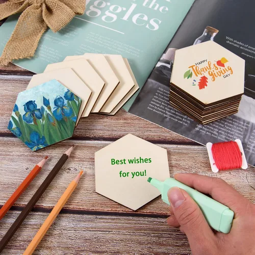 Miniatura 3 de 100 piezas de madera hexagonal sin terminar, recortes de madera en blanco con forma de hexágono, losas de madera natural, recortes