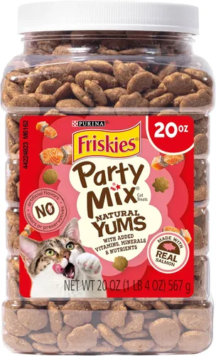 Purina Friskies Golosinas Naturales para Gatos Party Mix Natural Yums Con Salmón Real y Vitaminas, Minerales y Nutrientes Añadidos - Recipiente de