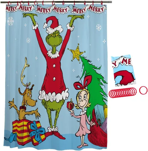 Dr. Seuss The Grinch Holiday - Juego de cortinas de ducha de 13 piezas, cortina de tela de 72 x 72 pulgadas con ganchos, decoración de baño, lavable