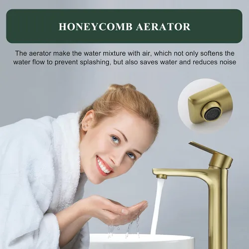 Miniatura 2 de TONNY Grifo de lavabo dorado, grifo alto dorado cepillado para fregadero de baño, 1 agujero, grifo de tocador de lavabo de una sola manija con Oro