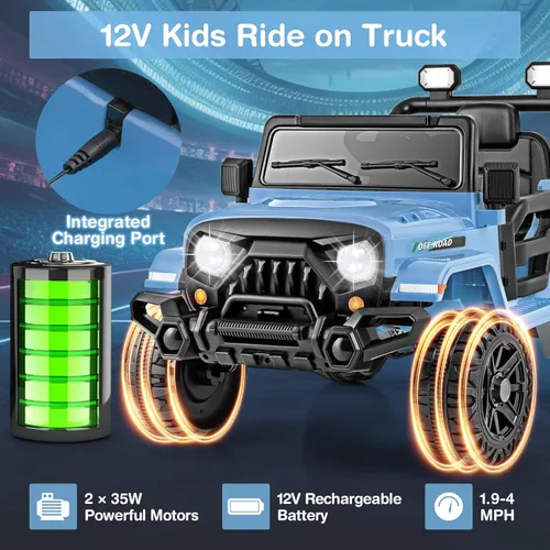 Miniatura 5 de Costzon Camión para niños de 12 V, vehículo eléctrico con control remoto, ruedas roscadas, 3 velocidades, luces LED, música, bocina y conexión Azul