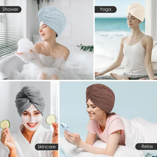 Miniatura 7 de TENSTARS Paquete de 5 Toallas de Microfibra Engrosadas para Cabello para Mujeres - Diseño de Lazo Elástico - 320GSM Terciopelo Coral - Turbante