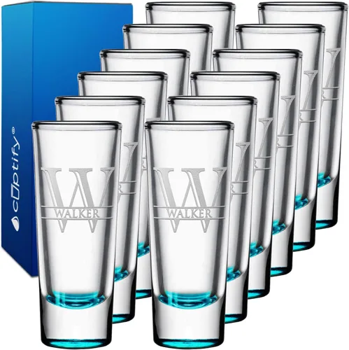 Miniatura 66 de Vaso de chupito personalizado con fondo verde azulado personalizado de 2 oz, vasos de chupito cordial con inicial en script dividido y nombre