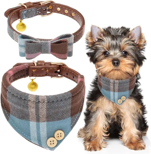 Miniatura 11 de EXPAWLORER Juego de collar y correa para perro - Corbata de moño clásica a cuadros para perro y collar bandana para perro con campana, correa