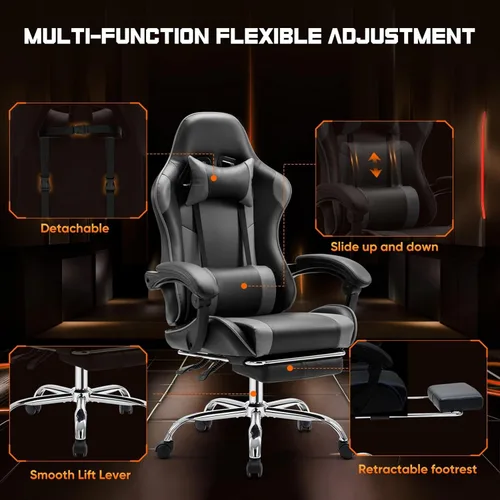Miniatura 6 de Silla de juegos resistente, silla ergonómica para videojuegos para oficina en casa con reposapiés, soporte lumbar, respaldo ajustable, ruedas