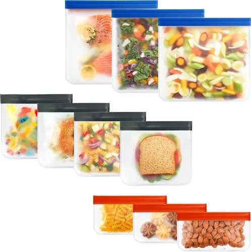 Paquete de 10 bolsas extra gruesas de silicona reutilizables para almacenamiento de alimentos, 3 pequeñas, 4 medianas, 3 bolsas grandes con cierre