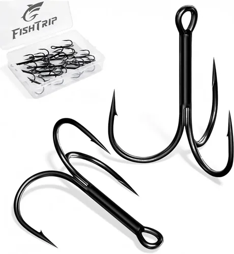 FishTrip 25/10/90/200 anzuelos de pesca, ganchos de pesca triples de acero de alto carbono con ultra brabed afilado para agua salada negro de agua