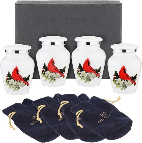 BOLD & DIVINE Urnas pequeñas de recuerdo de pájaro cardenal | para cenizas humanas | Hecho a mano | Juego de 4 mini urnas con caja y embudo de