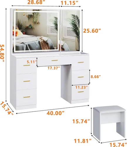 Miniatura 2 de Wildhome - Tocador con espejo y luces, mesa de maquillaje con 7 cajones y taburete acolchado, gabinete oculto, brillo ajustable, tocador