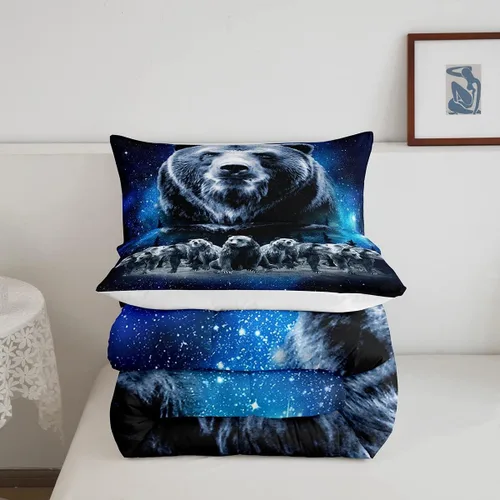 Miniatura 5 de Feelyou Juego de edredón de oso azul, juego de ropa de cama de osos de animales, juego de edredón acolchado con estampado de arboleda de galaxia