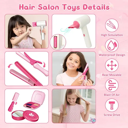 Miniatura 6 de RedCrab Juguetes de peluquería para niñas, 45 piezas de peluquería con secador de pelo, peine, joyas brillantes para el cabello, juego de peinado