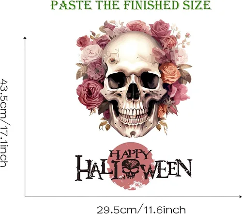 Miniatura 6 de Calcomanías de pared de calavera de flores de Halloween, calcomanías de pared de arte de terror de Halloween, vinilo extraíble para Halloween