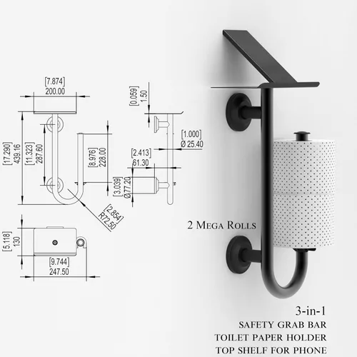 Miniatura 4 de Barra de seguridad para inodoro 3 en 1 con soporte de papel de seda integrado y estante para teléfono, para 2 megarrollos, soporte de peso de 250