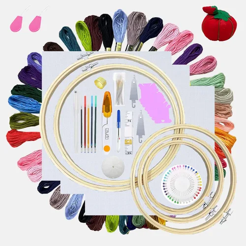 ONESHAW Kit de bordado con patrón para principiantes, paquete de 10 piezas de punto de cruz, aros de bordado, tijeras, agujas e hilos de color, kit