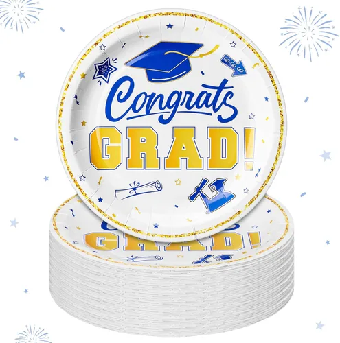 Sabary 100 platos de postre de papel de graduación 2026, color azul y blanco, suministros para fiestas de graduación de 7 pulgadas, platos de