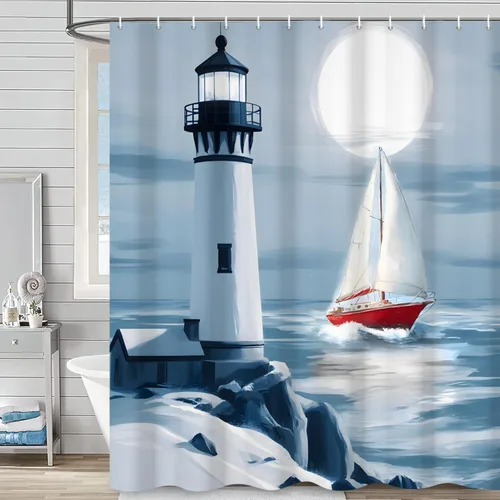Miniatura 10 de Cortina de ducha náutica costera, cortina de baño con temática de playa y océano, decoración de baño con estrella de mar, coral, concha marina, tela