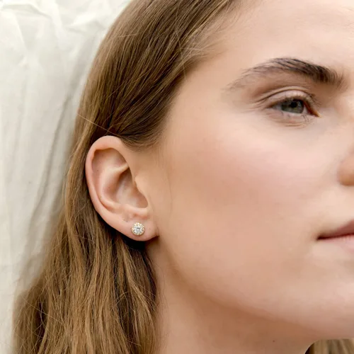 Miniatura 2 de PAVOI 14K Gold Plated Sterling Silver Post Brilliant Round Faux Diamond Halo Earrings - Premium Cubic Zirconia in Rose Gold, White Gold and Yellow