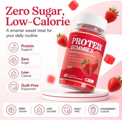 Miniatura 7 de Gomitas de proteínas, 5.08 oz de proteína por botella, cero azúcar, bajas en calorías, proteína para vitalidad diaria, sin culpa y fácil de Rojo