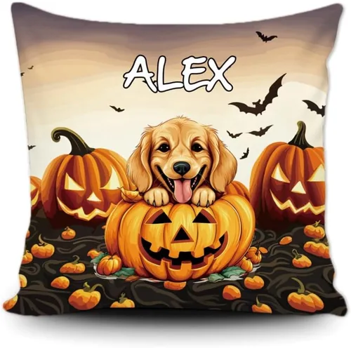 Miniatura 14 de Funda de almohada personalizada de Halloween, diseño de perro Golden Retriever, calabaza, cachorro inteligente, funda de cojín decorativa de lona 34