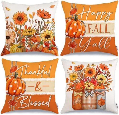 Miniatura 18 de GEEORY Juego de 4 fundas de almohada de otoño de 18 x 18 pulgadas, diseño de calabazas y tarros de masón, decoración agradecida, fundas de cojín