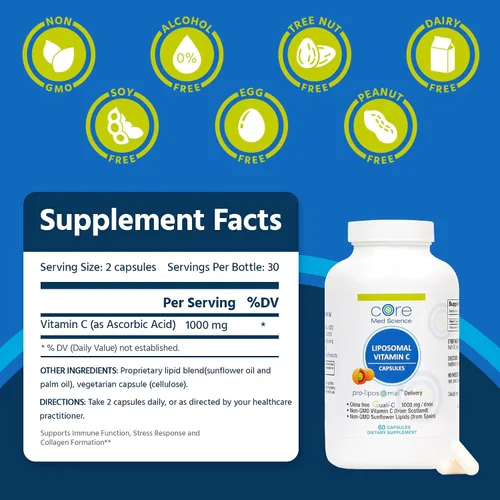 Miniatura 3 de Core Med Science Vitamina C liposomal de 1000 mg, 60 cápsulas – Suplemento de vitamina C liposomal natural sin OMG que promueve una piel sana