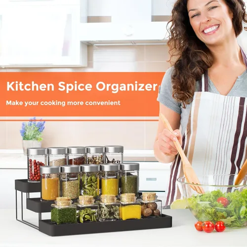 Miniatura 8 de Organizador de especias expandible – Organizador de especias ajustable de 3 niveles para gabinete y encimera – Fácil visibilidad – Negro