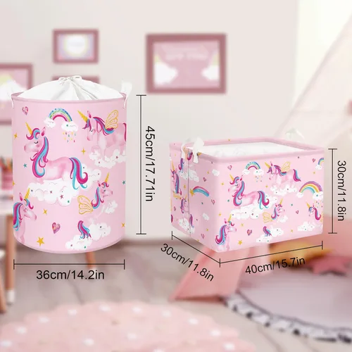 Miniatura 7 de Clastyle Adorable cesta de estante de unicornios rosados para niños, diseño de nube, corazón, arco iris, cesta de regalo rectangular para ropa