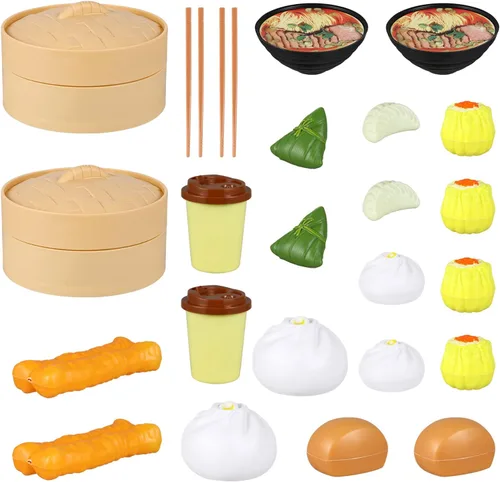 Ipetboom Juego de 2 juegos de comida de juguete, juego de cocina, 26 piezas de desayuno chino al vapor, juego de comida para niños, familia, juego