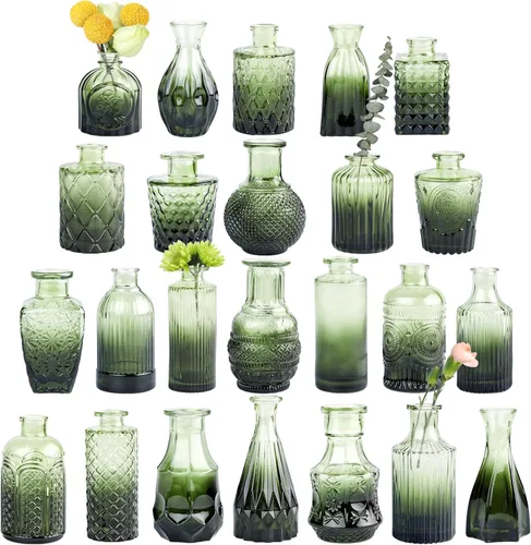 Miniatura 18 de TBWIND Juego de 12 jarrones de cristal verde, pequeños jarrones para flores, florero para centros de mesa a granel, mini jarrón vintage