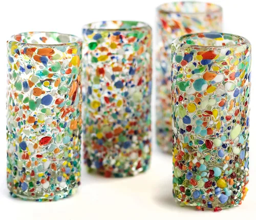 Miniatura 23 de Specialty - Vasos de tequila mexicanos, soplados a mano con color y textura únicos, juego de 4 piezas (borde azul)
