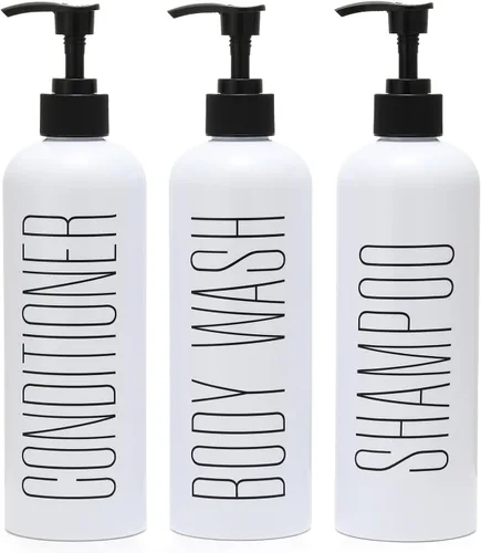 Miniatura 9 de HOMCDALY Juego de 3 botellas recargables negras para ducha de baño de 16 oz - Botellas vacías con bomba para champú, acondicionador o gel corporal
