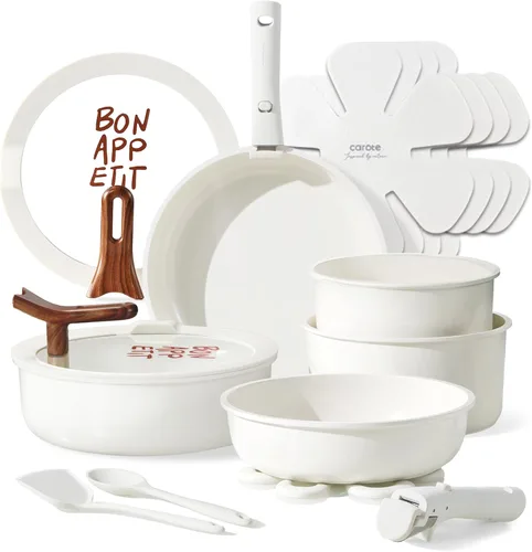 CAROTE Juego de 18 utensilios de cocina de cerámica con mango desmontable, juego de ollas y sartenes antiadherentes, juegos de cocina no tóxicos con