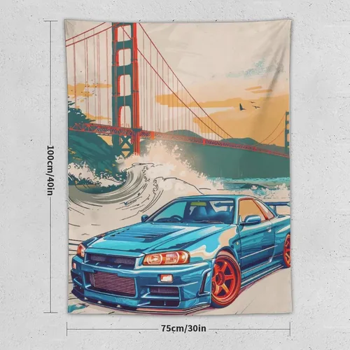 Miniatura 2 de QEOPGNE Tapiz grande para colgar en la pared, diseño de puente de puerta dorada, grandes olas, japonés, retro, Jdm, auto, R34, tapiz para 2
