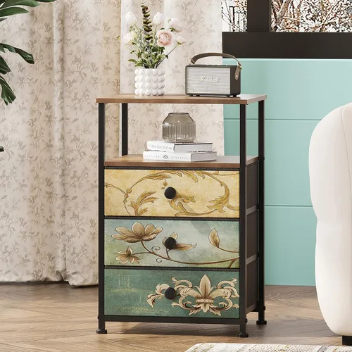 Tohomeor Mesita de noche con 3 cajones de tela, mesa auxiliar retro con estante de almacenamiento, mesa auxiliar vintage para dormitorio, sala de