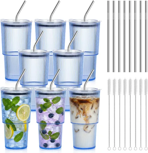 Miniatura 11 de 2 Pcs 20oz Plastic Ribbed Tumblers with Lid and Straws Blue Plastic Reusable Iced Coffee Cups with Lid Unbreakable Vintage Ribbed Drinking Glasses