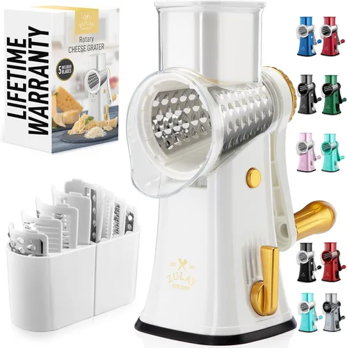 Zulay Kitchen Rallador Rotativo de Queso de 5 Cuchillas Rallador de Queso - Rallador de Queso Manual de Manivela con Succión Reforzada y 5 Tambores
