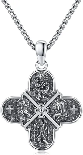 lotus & leaf Collar con colgante de plata de ley 925 de San CristópaloCalaveraAnubisCruz de cuatro vías, mal de ojoMedalla de San Miguel, joyería