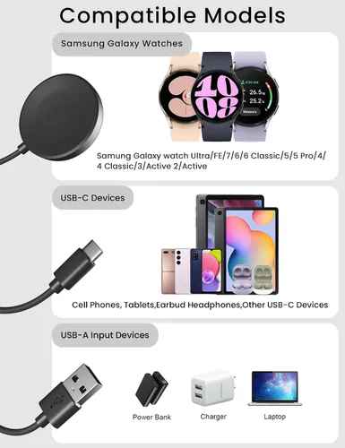 Miniatura 2 de Cargador compatible con Samsung Galaxy Watch 7/Ultra/FE/6/6 Classic/5 Pro/4 Classic/3/Active 2/Active 2 en 1 USB a USB C Cable de carga para Galaxy