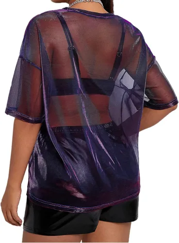 Miniatura 2 de Kyerivs Camiseta de malla metálica, talla grande, manga corta, transparente, blusa para concierto, traje de rave para mujer