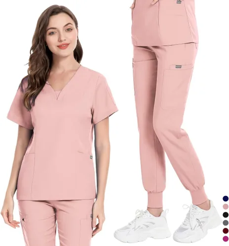 Miniatura 3 de niaahinn Conjunto de traje médico para mujer, moderno top con cuello en V y pantalones deportivos de pierna cónica con cordón, conjunto de uniformes