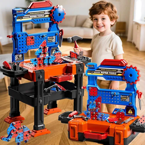 Miniatura 3 de Juego de Herramientas de Juguete para Niños de 3 4 5 6 7 8 años, Juguetes de Banco de Trabajo 2 en 1 para Niños Pequeños de 3-5 años, Caja