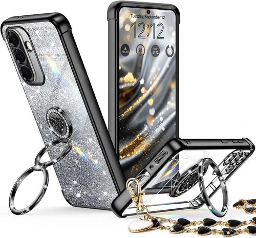 Miniatura 46 de XYZ Funda para Galaxy A14 5G con soporte y doble anillo, funda de lujo para Samsung A14 5G, color negro