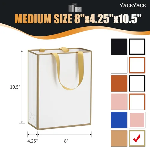 Miniatura 3 de Bolsas de regalo de tamaño mediano con asas de cinta, 10 bolsas de regalo blancas de 8 x 4.25 x 10.5 pulgadas con marco delgado dorado, bolsa