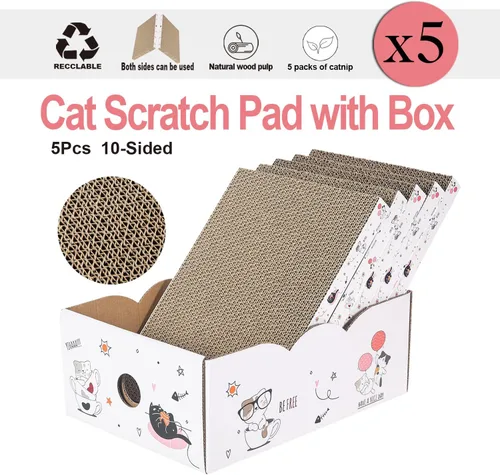 Miniatura 4 de 5 paquetes en 1 almohadilla para arañazos para gatos con caja, cartón rascador para gatos, reversible, cartón duradero reciclable, adecuado para que