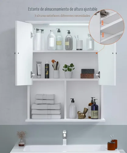Miniatura 5 de HAIOOU Armario de pared de baño con luz LED con sensor de movimiento, armario de madera para medicamentos, armario de almacenamiento sobre inodoro