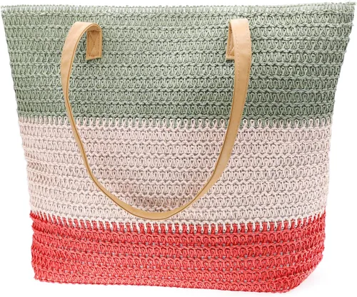 Miniatura 24 de Bolso grande de paja para mujer, tejido de ratán, bolso de playa de verano, a rayas