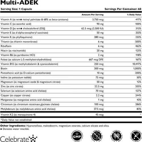 Miniatura 3 de Celebrate Vitamins Multi ADEK - Multivitamínico bariátrico sin hierro, cápsulas vegetales fáciles de tragar para pacientes con interruptor duodenal