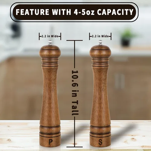 Miniatura 3 de XWXO Juego de 2 molinillo de pimienta de madera, molinillo de sal y pimienta de 10 pulgadas, molinillo de pimienta, salero con rotor de cerámica