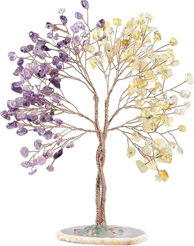 TUMBEELLUWA Amatista + piedra de cristal citrino árbol de dinero con base de ágata hecha a mano Feng Shui Bonsái árbol de decoración de árbol de
